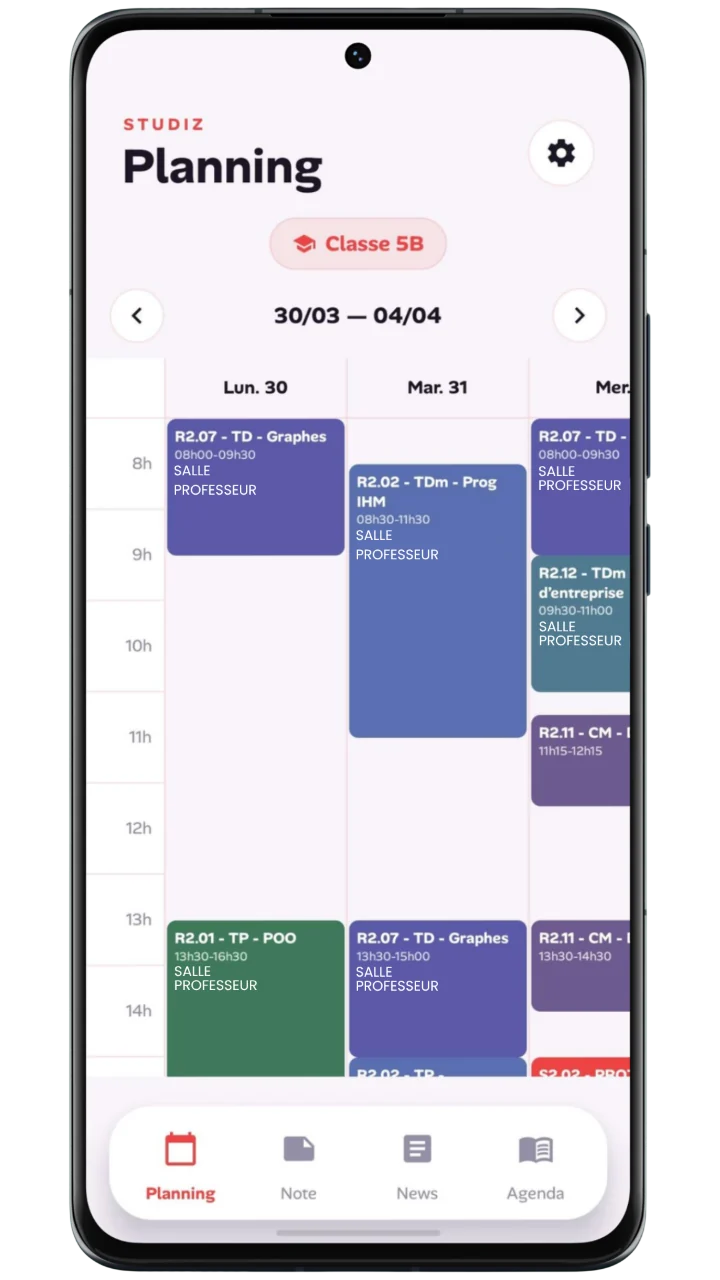 Écran d'accueil de l'application Studiiz montrant le planning