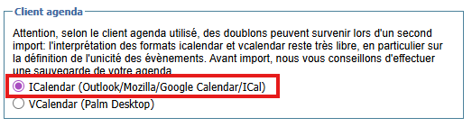 Sélection du format iCalendar