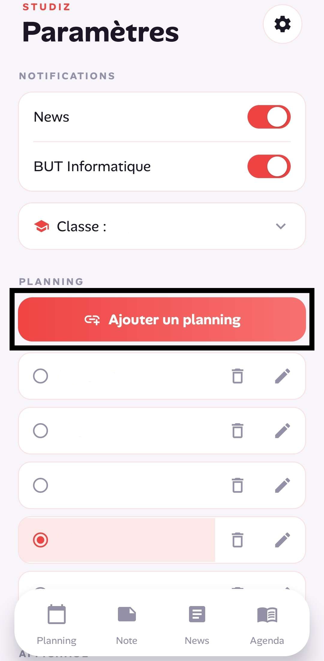 Paramètres Studiz avec option ajouter un planning