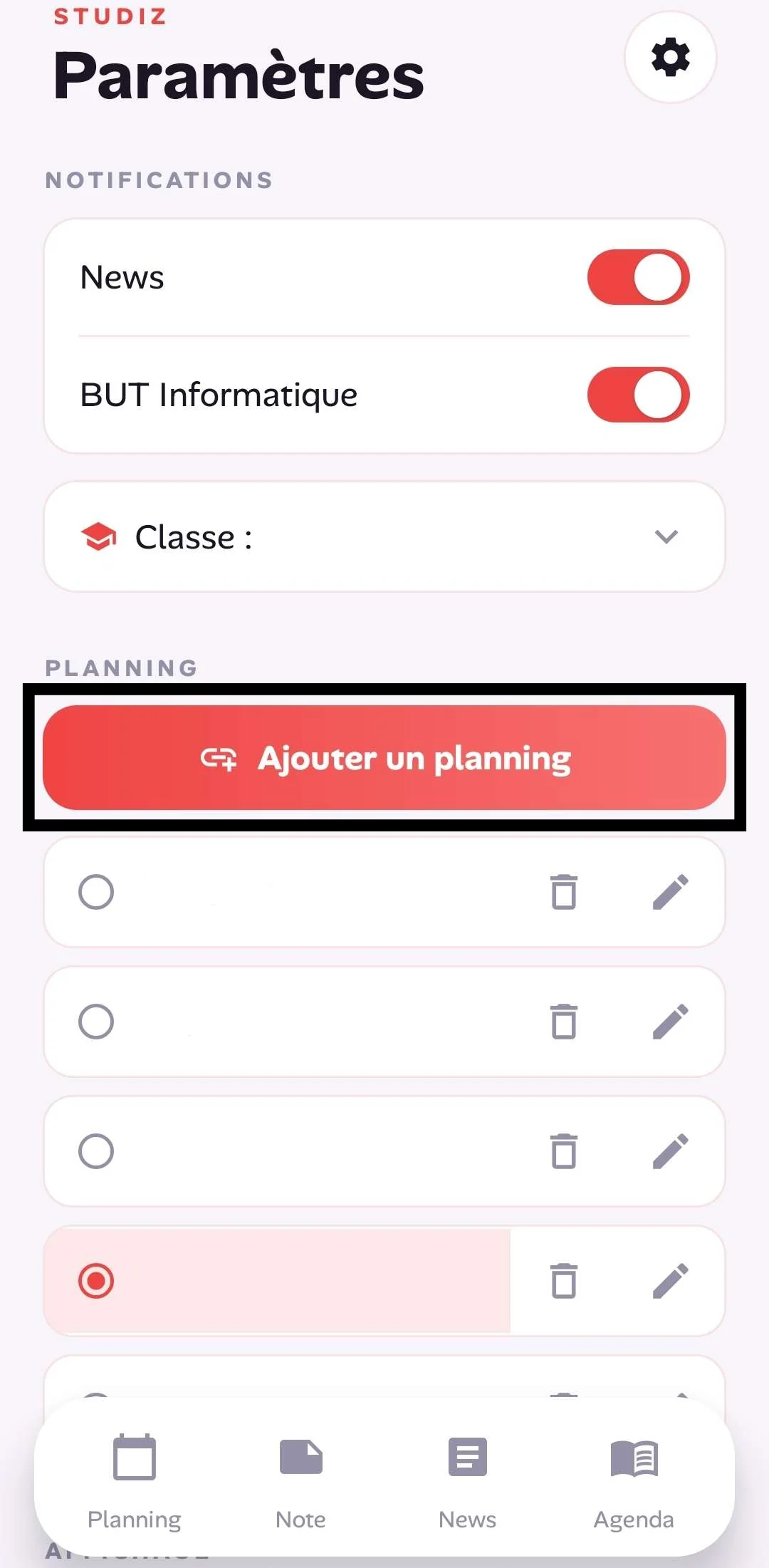 Paramètres Studiiz avec option ajouter un planning